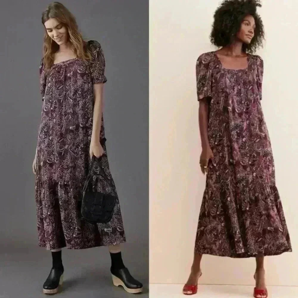 Anthropologie Lisabella Purple Paisley Maeve Tiered Maxi Dress Size M- B5